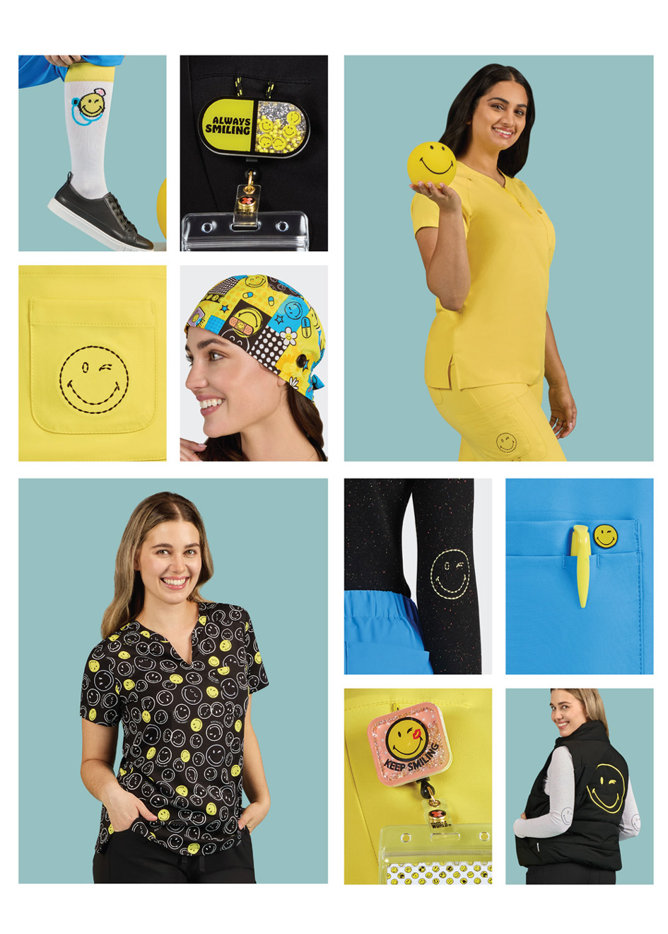 Yellow, black, and blue Smiley World clothing and accessories featured